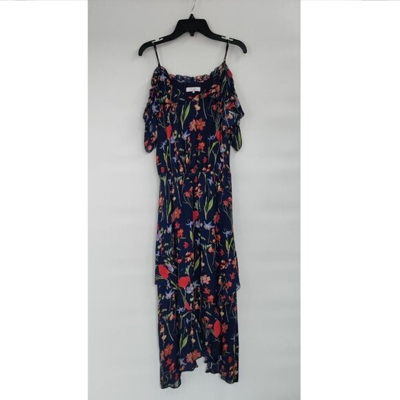 Parker Kam Silk Floral Cold Shoulder Tiered Midi Dress Asymmetrical Small Women - Picture 3 of 16